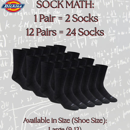 Dickies Men's Dri-Tech Moisture Control Max Full Cushion Crew Socks, Available in M-XL (6, 12 Pairs), Solid Black (12 Pairs), Large