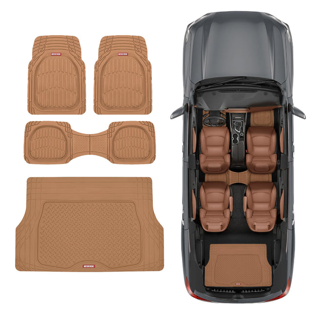 Motor Trend 4pc Beige Car Floor Mats Set Rubber Tortoise Liners w/Cargo for Auto SUV Trucks