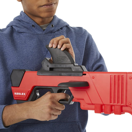 NERF Roblox MM2: Lanzador de dardos Shark Seeker, cebado con aleta de tiburón, 3 dardos Mega, código para desbloquear un artículo virtual en el juego