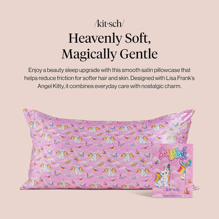 Kitsch x Lisa Frank Satin Pillowcase with Zipper for Hair & Skin, Softer Than Silk Pillow Cases, Wrinkle-Free, Smooth and Cooling Satin Pillow Covers, King Size (19x36) - Angel Kitty