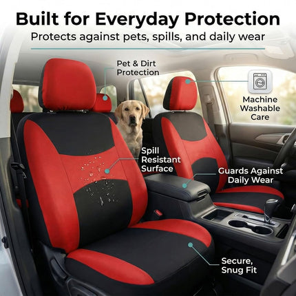 FH Group Light & Breezy Cloth Car Seat Covers, 7 Seater Three Row Set- Airbag & Split Ready -Universal for Cars Trucks and SUVs (Red/Black)