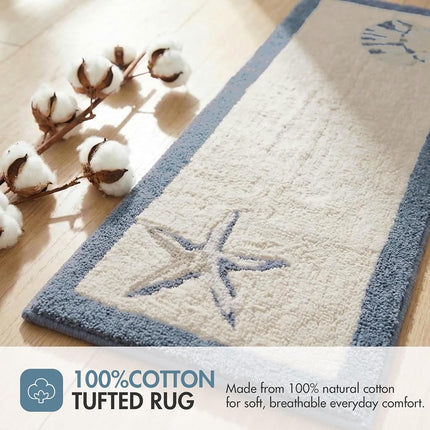 Madison Park Bayside 100% Cotton Tufted Non-Slip Absorbent Ultra Soft Seashells Beach Style Bath Mat Bathroom Rugs, 24X60 Inches Blue
