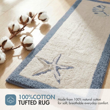 Madison Park Bayside 100% Cotton Tufted Non-Slip Absorbent Ultra Soft Seashells Beach Style Bath Mat Bathroom Rugs, 24X60 Inches Blue