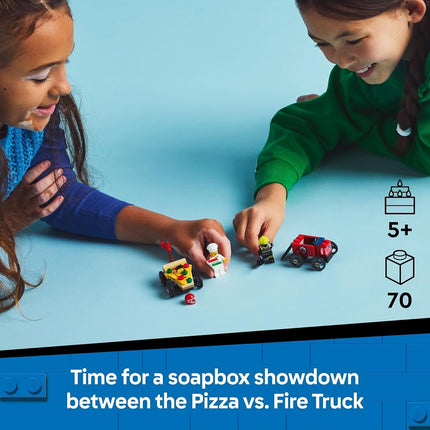 LEGO City Pizza vs. Fire Truck Race Car Pack Toy - Soapbox Car Toys for 5+ Year Old Boys & Girls - Fun Holiday or Birthday Gifts - Vehicle Set Includes 2 Minifigures - 60458