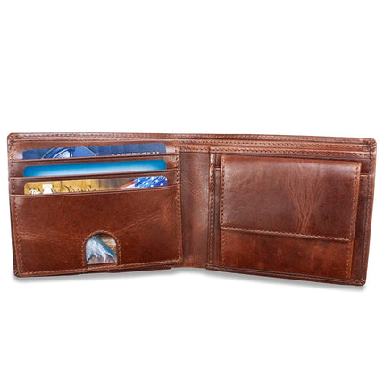 RFID Bifold Leather Wallet For Men with Flip Up ID in Vintage Buffalo Brown, With Coin Pocket - Forest Brown, Bifold Wallet