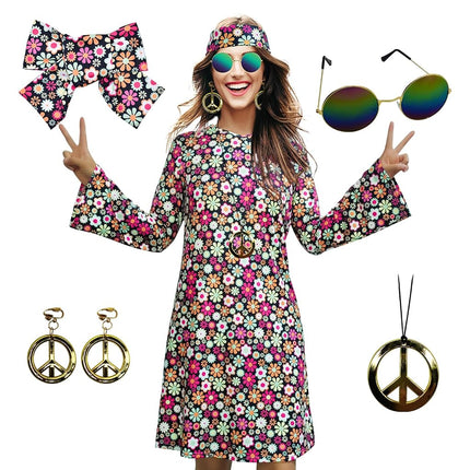 MRYUWB 70s Hippie Dress Costumes Necklace Earrings