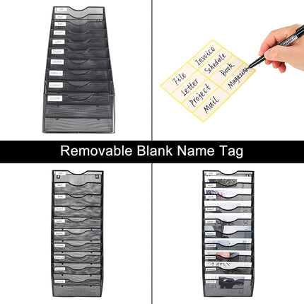 PAG 10-Tier Hanging Wall File Holder Mail Organizer Wall Magazine File Letter Rack,Mesh Metal A4 Wall Mounted Document Holder Paper Storage,Black
