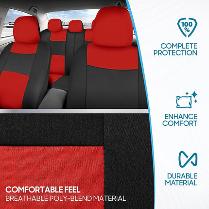 BDK PolyPro, Full Set in Red on Black – Front and Rear Split Bench Car Seat Cover, Easy to Install, Interior Covers for Auto Truck Van SUV
