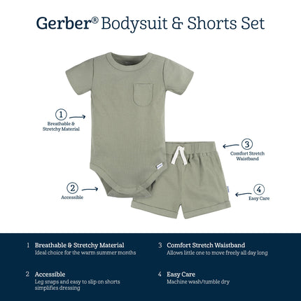 Gerber Unisex Baby Bodysuit And Short Set, Olive, 12 Months