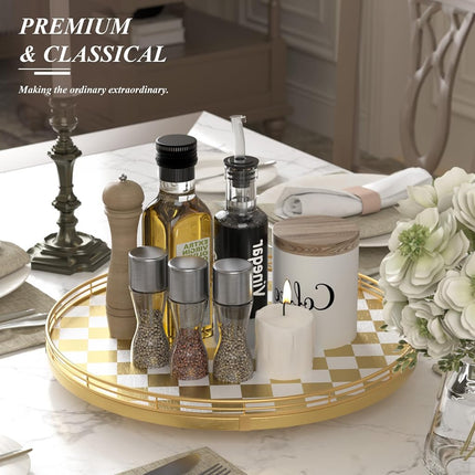 Premium Rubber Wood Lazy Susan Turntable, Glod White Checkerboard Decorative Serving Tray, Hand-Welded Metal Railing, Stable Rotating Organizer for Dining Table, Kitchen Counter, Coffee Table Decor