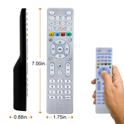 Control remoto universal GE de 4 dispositivos - Botones retroiluminados, reemplazo para Samsung, LG, Vizio, Sony, Roku y Apple TV, plateado, 48844