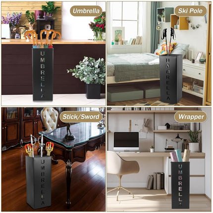 Metal Umbrella Stand, 16.5x6.3x6.3inch Square Free Standing Umbrella Rack Decorative Umbrella Holder Bin Multipurpose Walking Sticks Holder for Umbrella Cane Entryway Home Office(black)