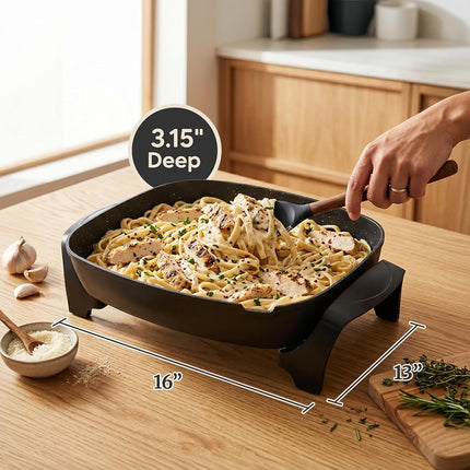 Elite Gourmet EG-6203# Extra Deep 16"x13"x3.2" (10.5Qt.) Scratch Resistant, Easy Pour Spout Dishwasher Safe, Non-stick Electric Skillet with Glass Vented Lid, Adjustable Temperature, Black