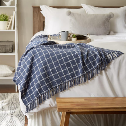 DII Checked Plaid Woven Throw, Cotton, French Blue, 50x60
