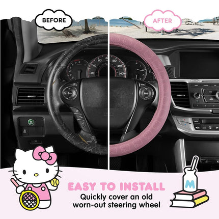 Sanrio Hello Kitty Pink Car Steering Wheel Cover, Universal Fit Cute Car Accessories for Women Styli