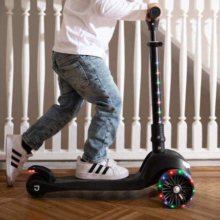 Jetson Scooters - Jupiter Mini 3 Wheel Kick Scooter (Black) - Collapsible Portable Kids Three Wheel Push Scooter - Lightweight Folding Design with High Visibility RGB Light Up LEDs on Stem and Wheels