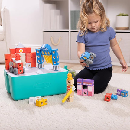 Melissa & Doug Blockables™ Deluxe City Snap and Play, Mix and Match Connectable Wooden Building Blocks Set with Storage Bin and Play Lid (122 Pcs) Ages 2 to 7- FSC Certified