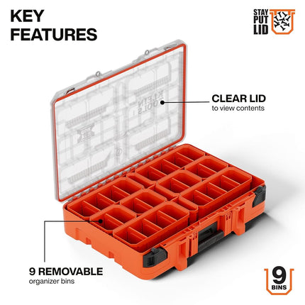 Klein Tools 54400MBX MODbox Tall Compartment Box, Full-Width Tool Organizer, Small Parts Tool Box with 20 Compartments, 9 Removable Bins for Fasteners, Stackable Module