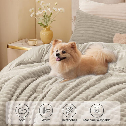 BEDELITE Fleece Queen Comforter Set, Fluffy Bed Set, Linen