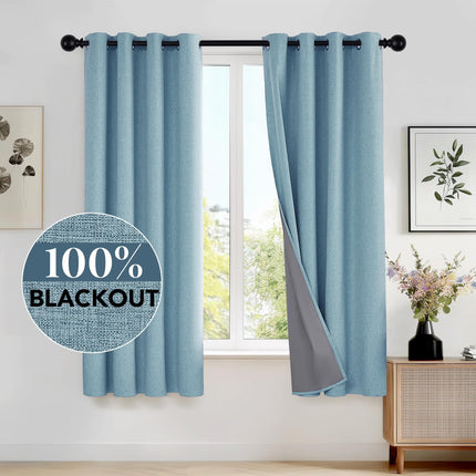 Deconovo Teal Total Blackout Faux Linen Window Curtains with Coating Pair, 52x63 Inches Thermal Insulated Grommet Curtains Living Room 2 Panels, Kids Curtains for Bedroom Nursery