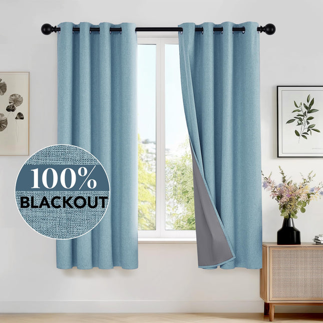 Deconovo Cortinas Opacas de Lino Sintético con Revestimiento, Color Turquesa, 52x63 Pulgadas, Cortinas Térmicas Aislantes con Ojetes para Sala de Estar, 2 Paneles, Cortinas Infantiles para Dormitorio y Guardería