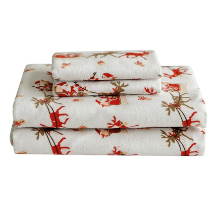 Elegant Comfort Ultra Soft 4-Piece 100% Turkish Cotton Flannel Sheet Set - Holiday Christmas Flannel Sheets, Warm and Cozy Anti-Pill Premium Quality, Deep Pocket Fitted Sheet- Twin XL, Santa Sleigh