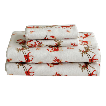 Elegant Comfort Ultra Soft 4-Piece 100% Turkish Cotton Flannel Sheet Set - Holiday Christmas Flannel Sheets, Warm and Cozy Anti-Pill Premium Quality, Deep Pocket Fitted Sheet- Twin XL, Santa Sleigh