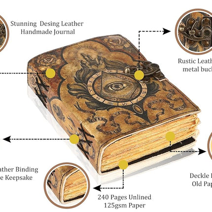TUZECH Book of Spells Leather Bound Journal Deckle Edge Paper Grimoire Printed Diary Third Eye witchcraft supply and Witch Spell Notebook Antique Vintage Book for Men and Women (The Third Eye)
