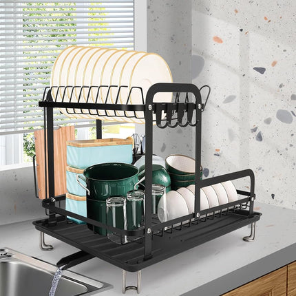 IYEBAU Dish Drying Rack,16.5 * 11.8 * 13.6'' 2 Tier Over The Sink Dishrack Strainer,Large Capacity W/Drainboard and Utensil Holder,Auto-draining,Non-Slip for Kitchen Counter