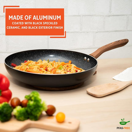 IMUSA Sartén de cerámica de aluminio de 12 pulgadas con mango de madera de tacto frío, negro - Imusa