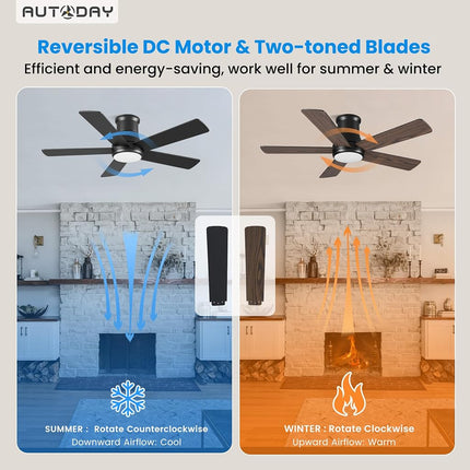 Autoday 42 Inch Low Profile Ceiling Fan with Light, Black Flush Mount Ceiling Fans with Lights and Remote, 6 Speeds, Reversible Quiet DC, 3CCT Dimmable, Indoor/Outdoor Ceiling Fans for Patios Bedroom