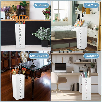 Metal Umbrella Stand, 16.5x6.3x6.3inch Square Free Standing Umbrella Rack Decorative Umbrella Holder Bin Multipurpose Walking Sticks Holder for Umbrella Cane Entryway Home Office(White)