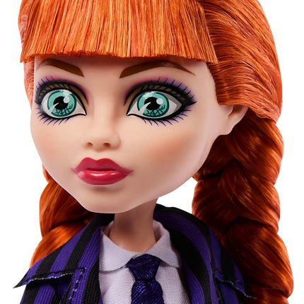 Monster High x Wednesday Doll, Agnes DeMille Collectible in Purple Nevermore Academy Uniform with Accessories Like Pen and Notebook Purse