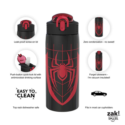 Botella de agua Zak Designs Marvel Spider-Man para viajes y el hogar, acero inoxidable con aislamiento al vacío de 539 ml con tapa de boquilla de cierre, asa de transporte incorporada, diseño a prueba de fugas (Miles Morales)