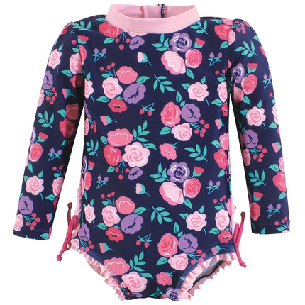 Hudson Baby Girls' Baby and Toddler Swimsuit, Navy Bright Pink Floral, 5T