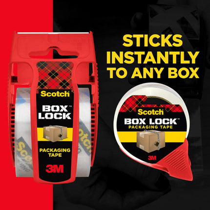 Cinta de Embalaje Scotch Box Lock, 2 rollos con 1 dispensador recargable, 48 mm x 50 m, agarre extremo, se adhiere instantáneamente a cualquier caja