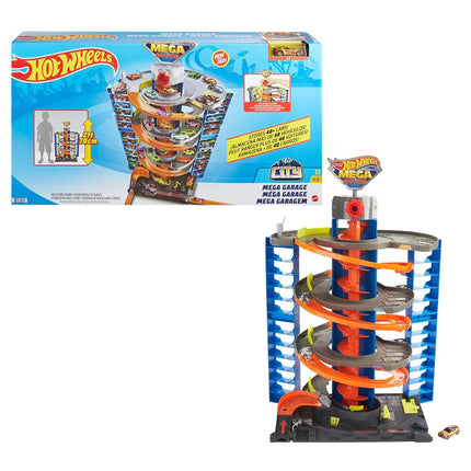 Pista de juguete Hot Wheels Mega Garaje, almacena más de 60 vehículos, incluye 1 vehículo de fundición (Mattel GTT95)
