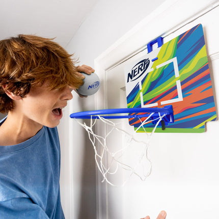 Nerf Mini Over The Door Basketball Hoop - Nerfoop Indoor Game Set for Kids - Toy Foam Basketball With Hoop - Great for Bedroom - Blue