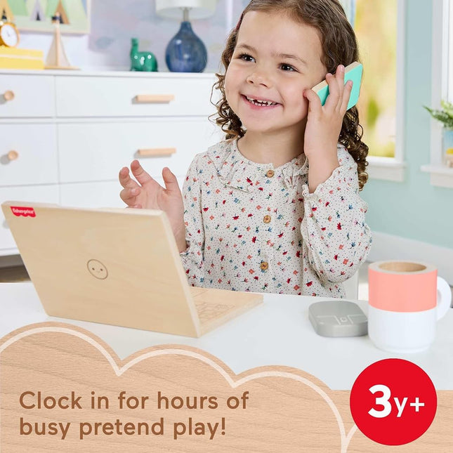 Fisher-Price Wood Pretend Play Work From Home Set, 9-Piece Office Playset with Wooden Toy Laptop & Phone for Preschool Kids Ages 3+ Years, HXV11