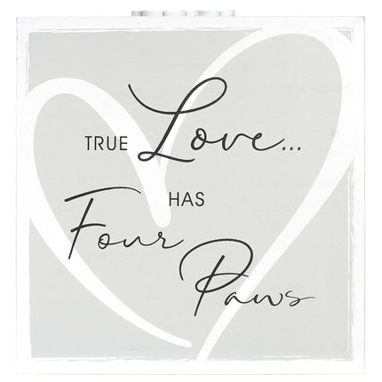 Malden International Designs 3.5x5 Forever In Our Hearts Memorial Pet Urn Four sided Screenprinted White Wood Urn Paw Print Attachment Removable Bottom Panel