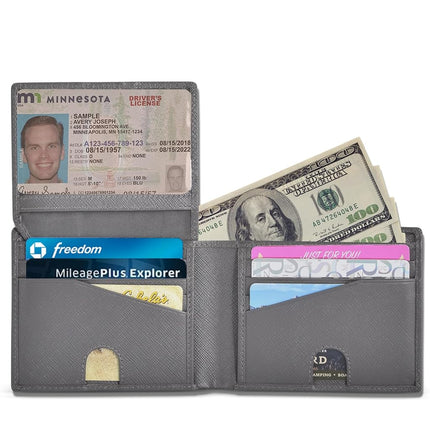 RFID Bifold Leather Wallet for Men with Flip Up ID in Vintage Buffalo Brown, Wild Mountain Grey, S, Modern