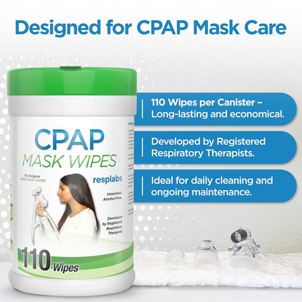 resplabs CPAP Mask Cleaning Wipes - Unscented, Alcohol-free Cleaner for All Masks, Cushions, Supplies - 110 Wipe Pack