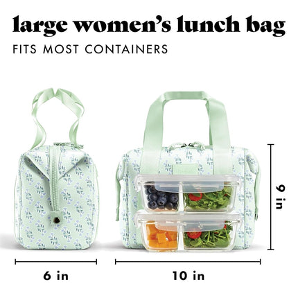 Fit & Fresh Neoprene Lunch Bag For Women, Insulated Womens Lunch Bag For Work, Tear & Stain Resistant Large Lunch Box For Women With Containers and Ice, Machine Washable Remi Bag, Sage Flower