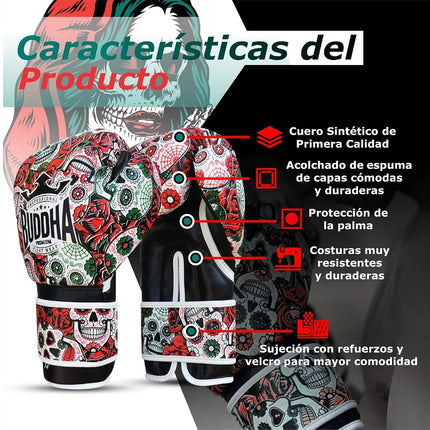 BUDDHA FIGHT WEAR - Mexican Boxing Gloves - Muay Thai - Kick Boxing Synthetic Leather - GS-3 Inner Padding - Impact Protection - Red Color - Size 12 Oz