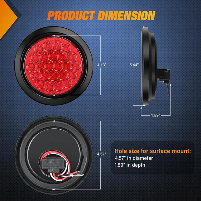 Nilight 4Inch Round Trailer Tail Light 4PCS 24LED Red Stop Brake Turn Marker Lights w/Flush Mount Grommets Plugs IP67 Waterproof for 12V Truck Bus RV Camper ATV UTV
