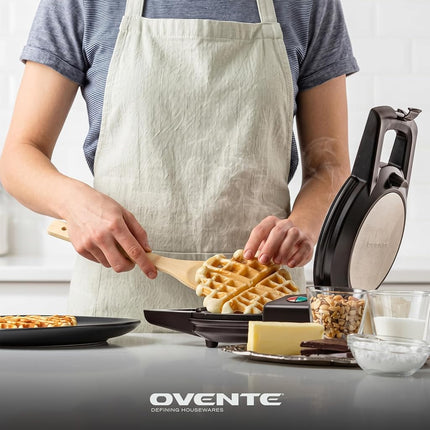 Ovente Electric Waffle Maker 1000W Power with Nonstick Plates and 180 Rotating Flip Function, Perfect for Cooking Belgian Waffles and Breakfast, Portable and Compact Design, Black WMF1440BR