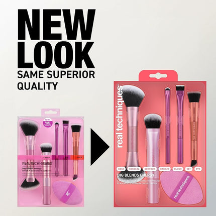 Real Techniques Big Blends Energy Brush + Dual-Sided Puff, 6 Piece Kit for Powder, Cream & Liquid Application, Precision Tools for Contour, Blending & Finishing, Vegan & Cruelty-Free
