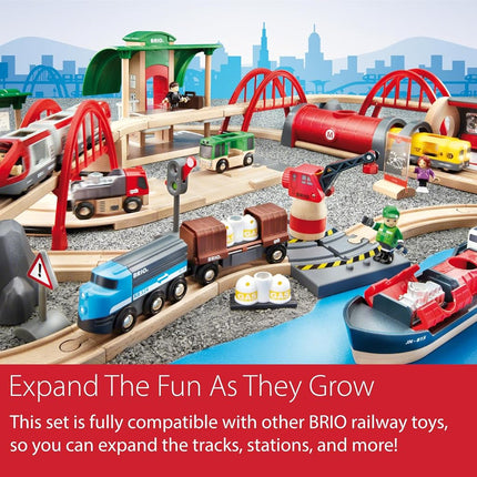 BRIO World Deluxe Wooden Railway Train Set & Track – Large Wooden Train Track with Engine, Wagons, Bridges, Switches & Accessories, Compatible with BRIO World, Educational Toy for Kids 3+