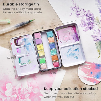 ARTEZA Watercolor Paint Set, 12 Pastel Tones Half Pans, Watercolor Set with Brush, Semi Moist Pastel Paint