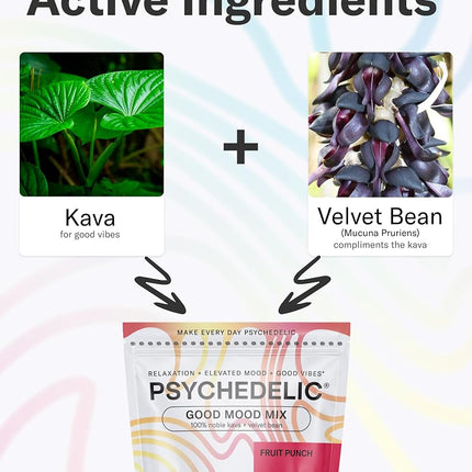 Psychedelic Water Good Mood Mix - Fruit Punch - Powder Packets - Calming Kava Drink Mix - Easy Open Single-Serving - Flavored Kava Powder - Mucuna Pruriens - Stevia - Adaptogen Drink Mix - 14 Stick